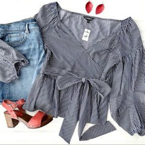 Express Striped Balloon Sleeve Wrap Blouse Size Medium
